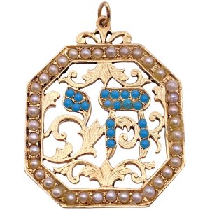 Vintage Chai Hai Persian Turquoise & Seed Pearl Pendant 14K Gold