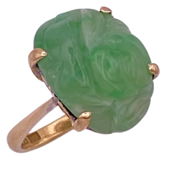 Vintage Lotus Carved Jade Ring 14K (2)