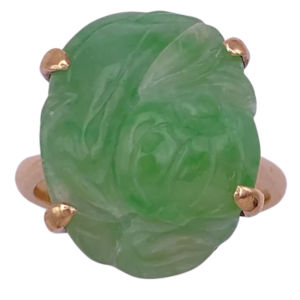Vintage Lotus Carved Jade Ring 14K