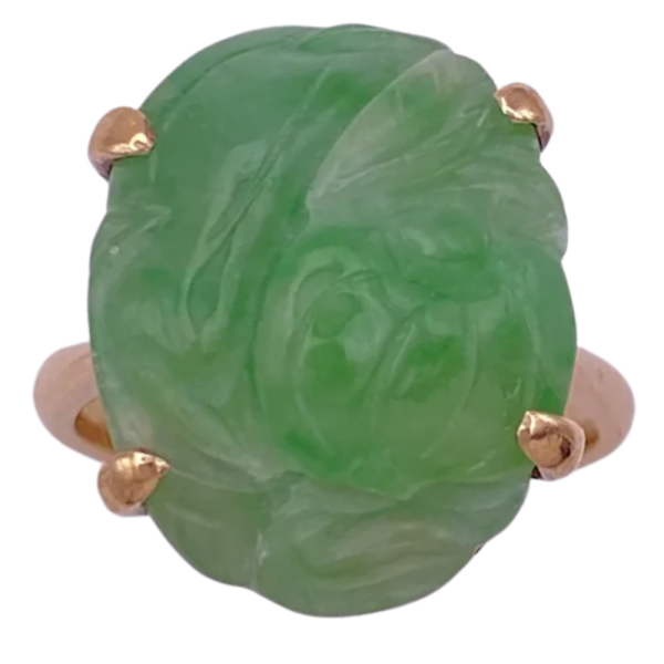Vintage Lotus Carved Jade Ring 14K