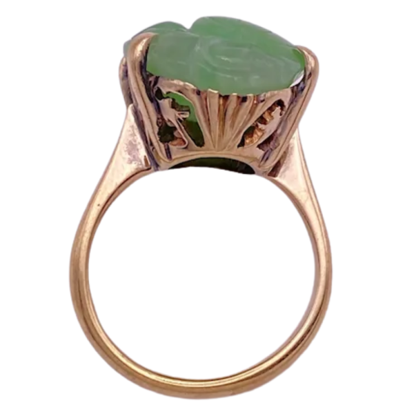 Vintage Lotus Carved Jade Ring 14K profile