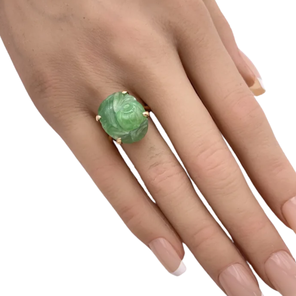Vintage Lotus Carved Jade Ring 14K worn