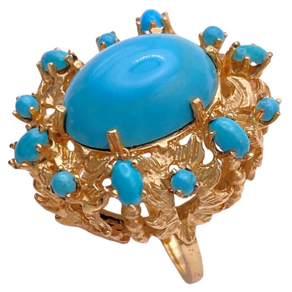 Vintage Turquoise Cocktail Ring 14K Gold side