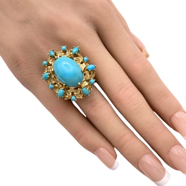 Vintage Turquoise Cocktail Ring 14K Gold worn