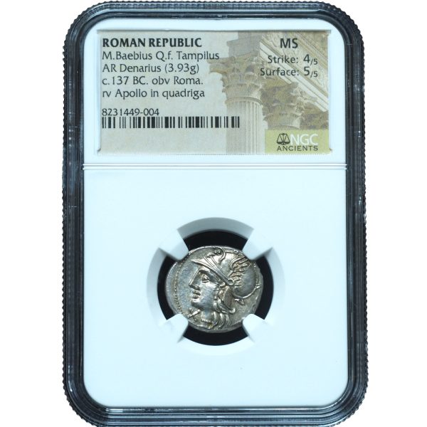 Ancient Roman Republic 137 BC M. Baebius Q.f. Tampilus AR denarius NGC MS 4/5 & 5/5