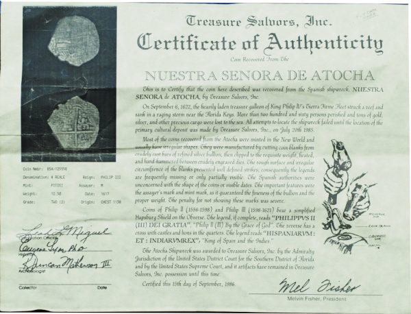 1617-PM 4 Reales Full Date Grade 2 Atocha Shipwreck Coin w/ CoA