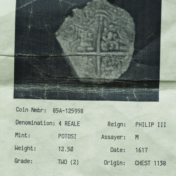 1617-PM 4 Reales Full Date Grade 2 Atocha Shipwreck Coin w/ CoA