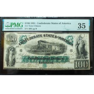1861 $100 Confederate States of America T-5 PMG 35 Very Fine