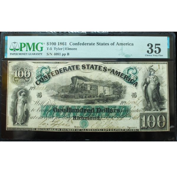 1861 $100 Confederate States of America T-5 PMG 35 Very Fine