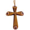 Carved Tiger's Eye Cross Pendant with Garnet Hearts 14K Gold