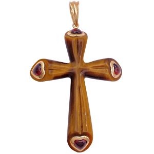 Carved Tiger's Eye Cross Pendant with Garnet Hearts 14K Gold