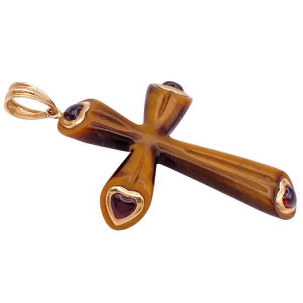 Carved Tiger's Eye Cross Pendant with Garnet Hearts 14K Gold side