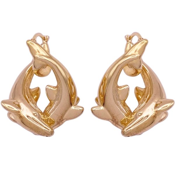 Dancing Dolphins Hoop Earrings 14K Gold front