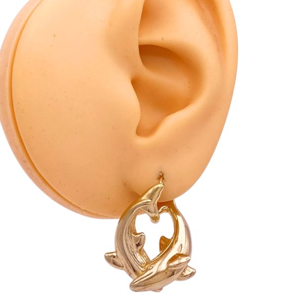 Dancing Dolphins Hoop Earrings 14K Gold worn