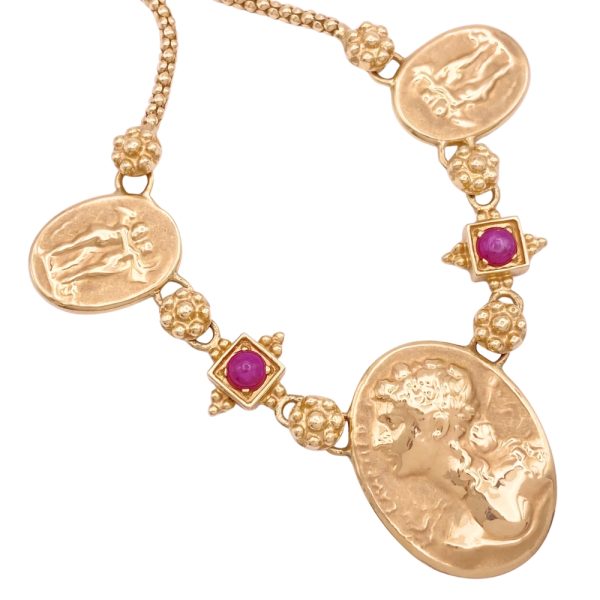 Etruscan Revival Ruby Necklace 14K Gold close up