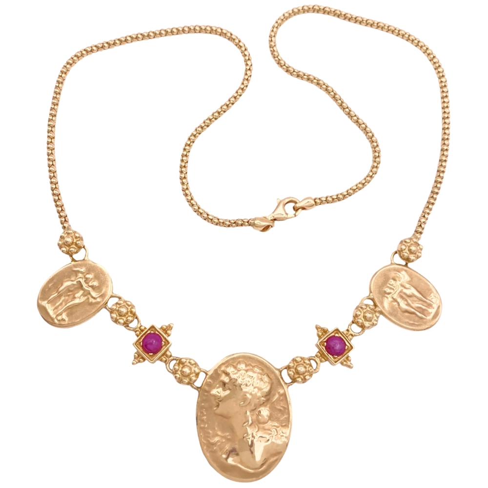 Etruscan Revival Ruby Necklace 14K Gold