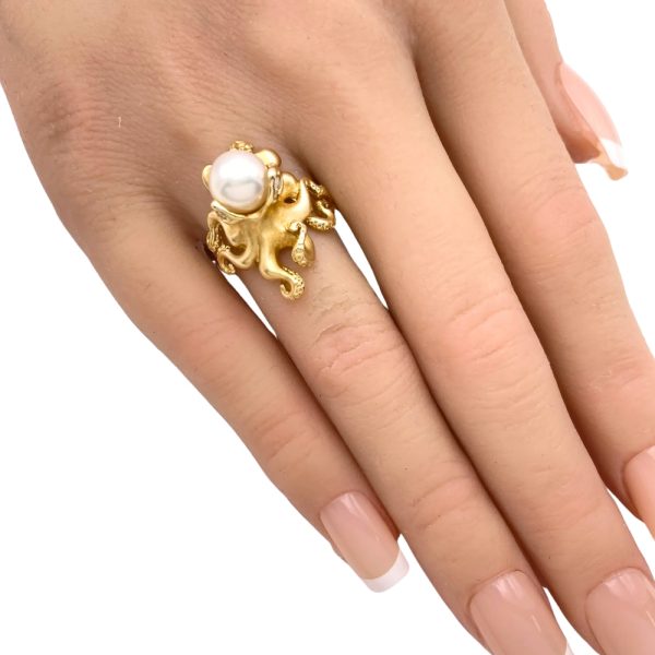 Pearl Octopus Ring 14K Gold worn