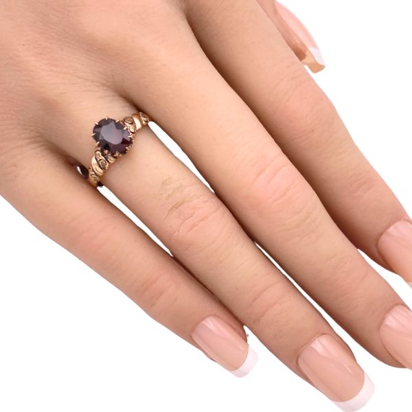 Victorian 1.39ct Garnet Solitaire Ring 10K Gold worn