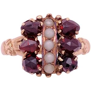 Victorian Bohemian Garnet & Seed Pearl Ring 10K Gold