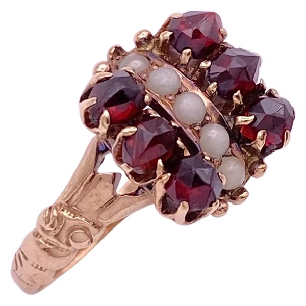 Victorian Bohemian Garnet & Seed Pearl Ring 10K Gold side