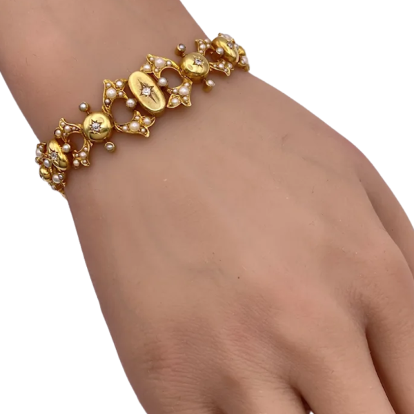 Victorian Diamond & Seed Pearl Bracelet 15K (1)