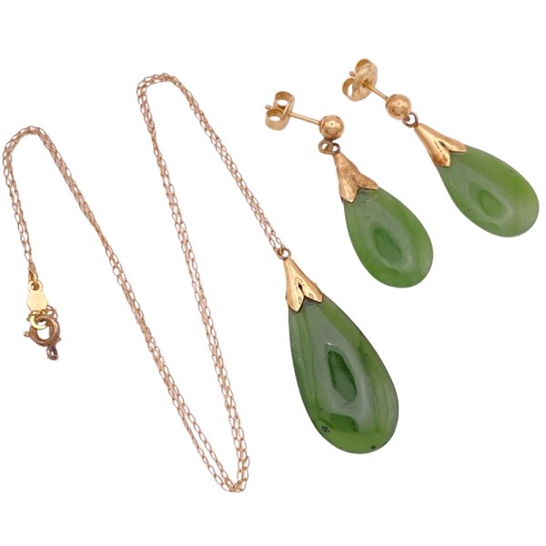 Vintage Jade Earrings & Necklace Set 14K Gold full