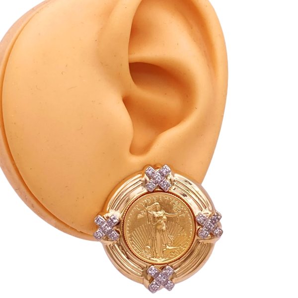 0.40ctw Diamond US Gold Coin Statement Earrings 14K Gold worn