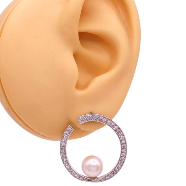 0.78ctw Diamond & Cultured Pearl Drop Earrings 14K Gold worn
