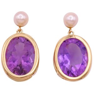 Amethyst Statement Earrings with Cultured Pearls 14K Gold