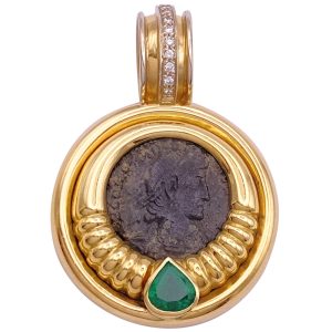 Ancient Roman Coin Pendant with 1.22ctw Emerald & Diamond Accents in 18K Gold