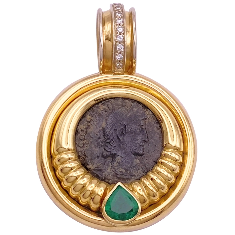 Ancient Roman Coin Pendant with 1.22ctw Emerald & Diamond Accents in 18K Gold