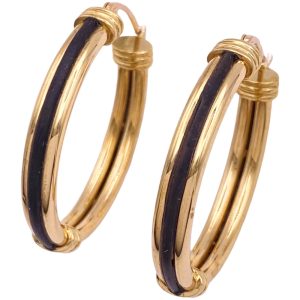 Black Enamel Oval Hoop Earrings 18K Gold
