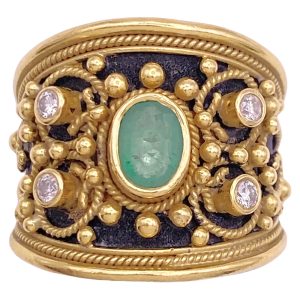 Etruscan Revival 1.03ctw Natural Emerald Ring 18K Gold