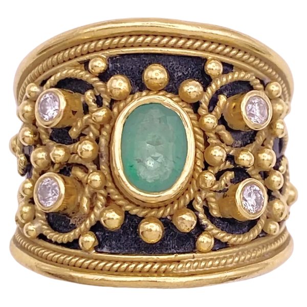 Etruscan Revival 1.03ctw Natural Emerald Ring 18K Gold