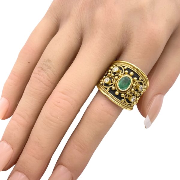 Etruscan Revival 1.03ctw Natural Emerald Ring 18K Gold worn