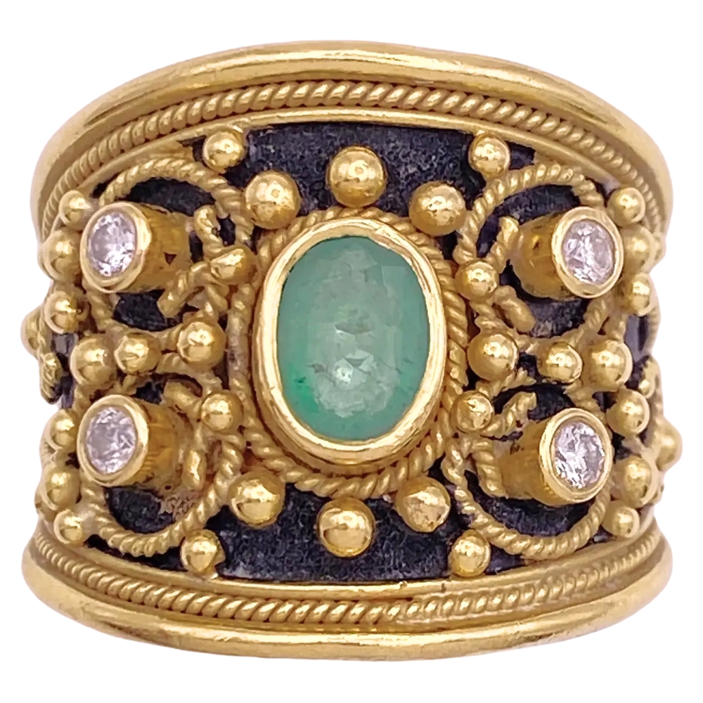 Etruscan Revival 1.03ctw Natural Emerald Ring 18K Gold