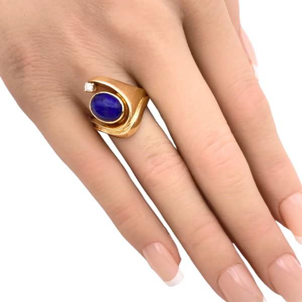 Modernist Lapis Lazuli Ring with Diamond Accent 14K Gold worn