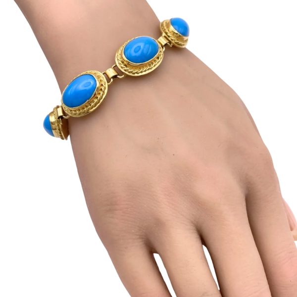 Persian Turquoise Cabochon Bracelet 18K Gold worn