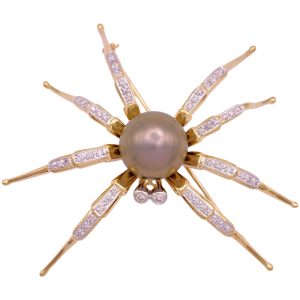 Tahitian Pearl Spider Brooch Pin with Diamond Accents 14K Gold