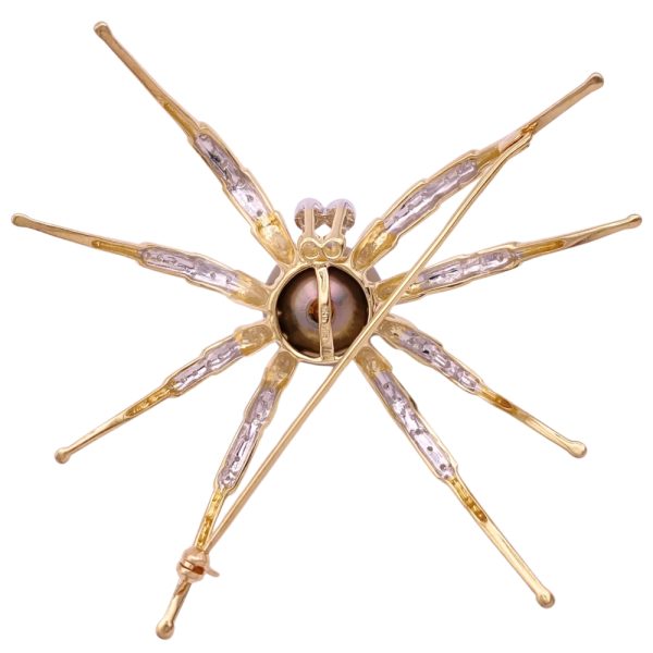 Tahitian Pearl Spider Brooch Pin with Diamond Accents 14K Gold back