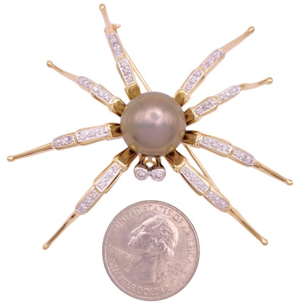 Tahitian Pearl Spider Brooch Pin with Diamond Accents 14K Gold size