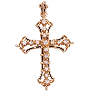 Victorian Revival Diamond Cross Pendant with Black Enamel Accent 14K Gold