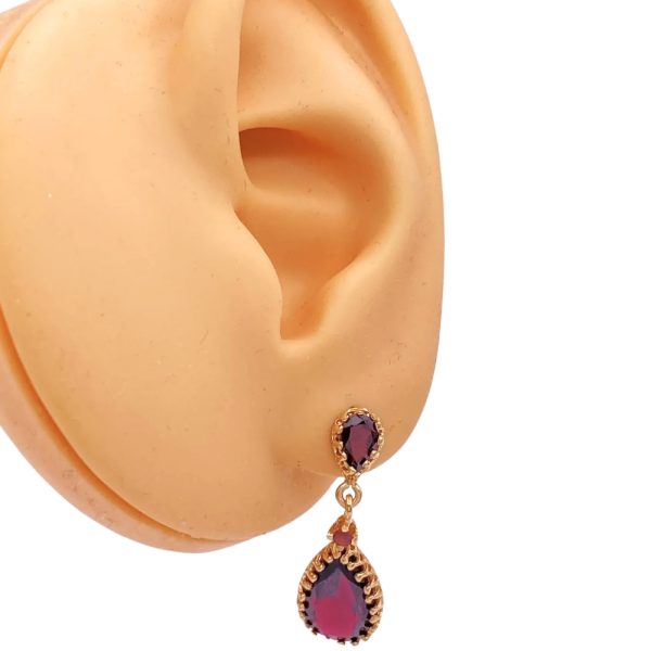 Victorian Revival Garnet Dangle Earrings 14K Gold worn
