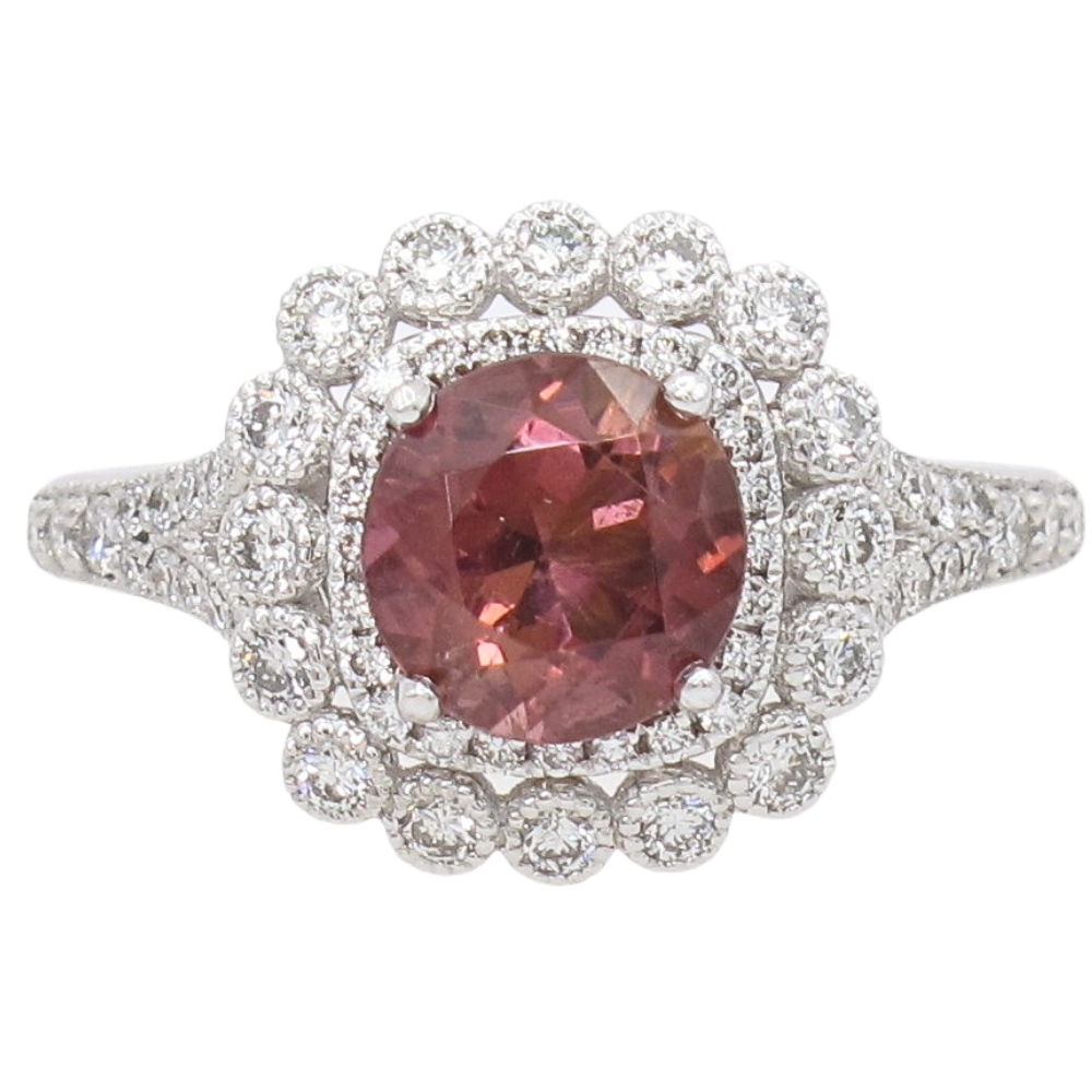1.38ct Orangy Pink Tourmaline Diamond Halo 14K