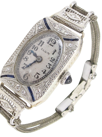 Elgin Sapphire & Diamond Ladies Art Deco Watch 18K