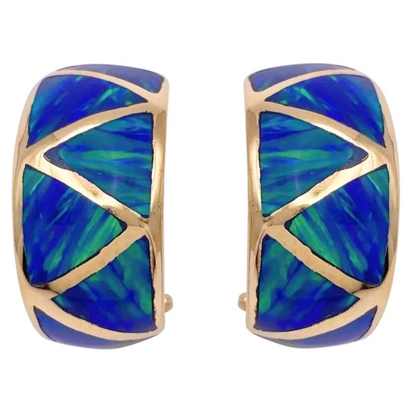 Opal Inlay Half Hoop Earrings 14K Gold