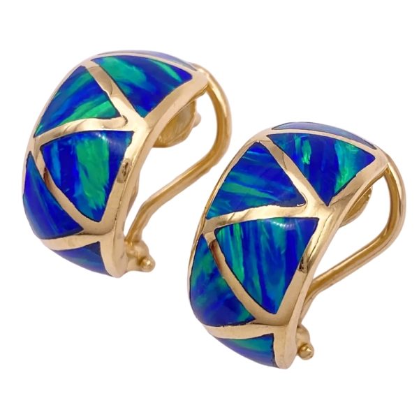 Opal Inlay Half Hoop Earrings 14K Gold side