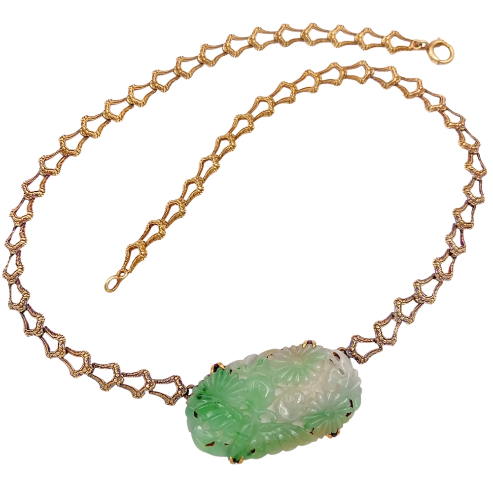 Victorian Era Carved Jade Necklace 14K Gold