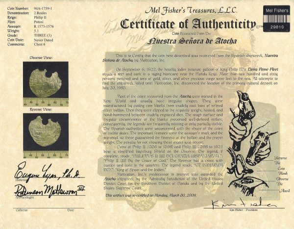 2 Reale Atocha Shipwreck Coin Gold Skull Bezel Cert