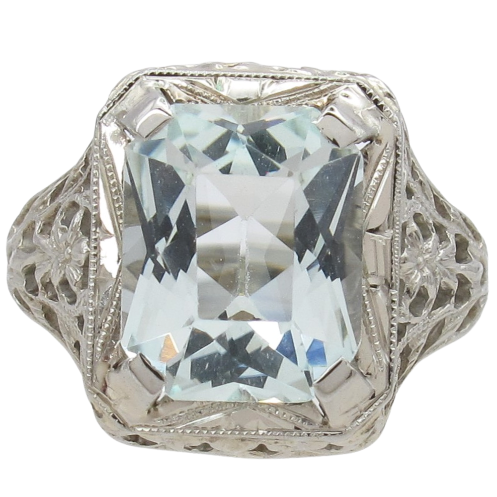 2.5ct Radiant Cut Aquamarine Art Deco Ring in 18K